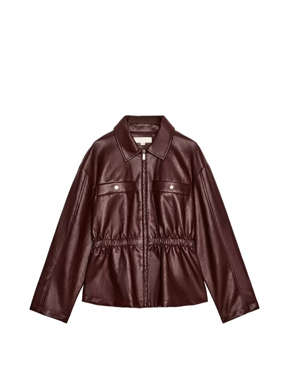Zara Burgundy Faux Leather Zip Front Jacket Elasticated Waist Size M